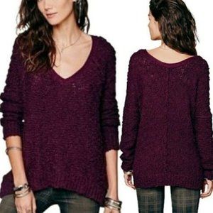 Free People Shaggy. Bear Songbird Sweater Nubby Dark Purple V Neck Size S